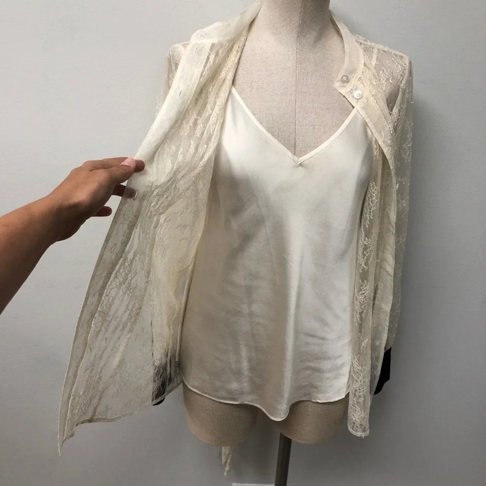 Tory Burch Lace Blouse Womens 8 Ivory Pussy Bow Sheer Pleated Contrast Cuff